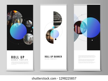 The vector layout of roll up banner stands, vertical flyers, flags design business templates. Simple design futuristic concept. Creative background with circles that form planets and stars.