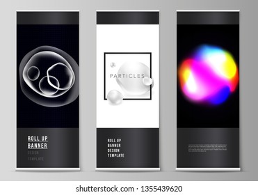 The vector layout of roll up banner stands, vertical flyers, flags design business templates. Sci-fi technology background. Abstract futuristic or medical consept backgrounds to choose from.