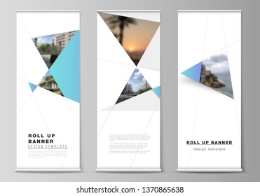 The vector layout of roll up banner stands, vertical flyers, flags design business templates. Creative modern background with blue triangles and triangular shapes. Simple design decoration.