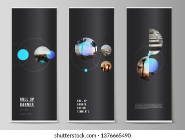 The vector layout of roll up banner stands, vertical flyers, flags design business templates. Simple design futuristic concept. Creative background with circles that form planets and stars.
