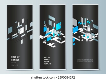 The vector layout of roll up banner stands, vertical flyers, flags design business templates. Abstract polygonal background, colorful mosaic pattern, retro bauhaus de stijl design.