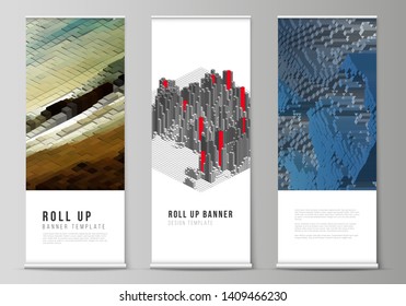 The vector layout of roll up banner stands, vertical flyers, flags design business templates. Big data. Dynamic geometric background. Cubes pattern design with motion effect. 3d technology style.