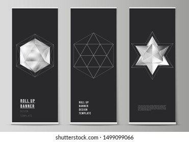 The vector layout of roll up banner stands, vertical flyers, flags design business templates. 3d polygonal geometric modern design abstract background. Science or technology vector illustration.