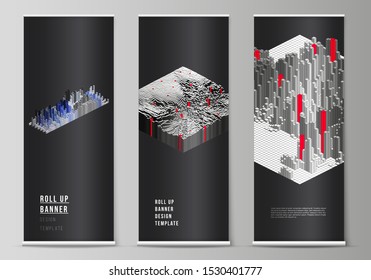 The vector layout of roll up banner stands, vertical flyers, flags design business templates. Big data. Dynamic geometric background. Cubes pattern design with motion effect. 3d technology style.