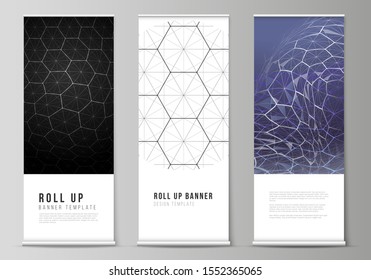 Vector layout of roll up banner stands, vertical flyers, flags design business templates. Digital technology and big data concept with hexagons, connecting dots and lines, science medical background.