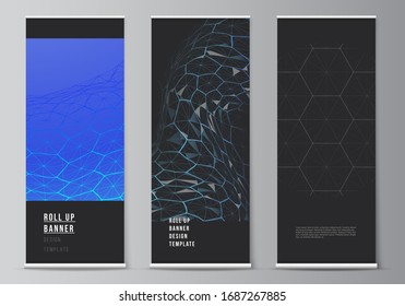 Vector layout of roll up banner stands, vertical flyers, flags design business templates. Digital technology and big data concept with hexagons, connecting dots and lines, science medical background.
