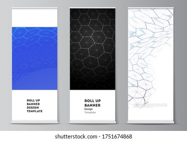 Vector layout of roll up banner stands, vertical flyers, flags design business templates. Digital technology and big data concept with hexagons, connecting dots and lines, science medical background