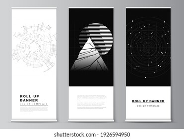 Vector layout of roll up design templates for vertical flyers, flags design templates, banner stands. Black color technology background. Digital visualization of science, medicine, tech concept.