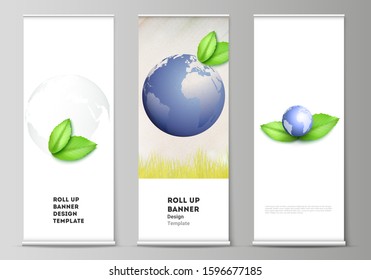 Vector layout of roll up mockup design templates for vertical flyers, flags design templates, banner stands, advertising. Save Earth planet concept. Sustainable development global business concept.