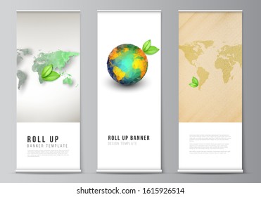 Vector layout of roll up mockup design templates for vertical flyers, flags design templates, banner stands, advertising. Save Earth planet concept. Sustainable development global business concept.