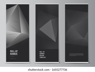 Vector layout of roll up mockup design templates for vertical flyers, flags design templates, banner stands, advertising design. Halftone dotted background with gray dots, abstract gradient background