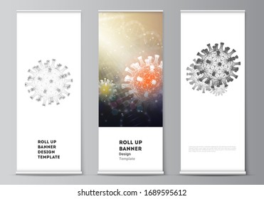 Vector layout of roll up mockup design templates for vertical flyers, flags design templates, banner stands. 3d medical background of corona virus. Covid 19, coronavirus infection. Virus concept.