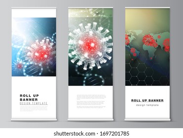 Vector layout of roll up mockup design templates for vertical flyers, flags design templates, banner stands. 3d medical background of corona virus. Covid 19, coronavirus infection. Virus concept.