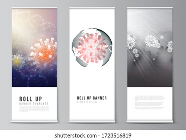 Vector layout of roll up mockup design templates for vertical flyers, flags design templates, banner stands. 3d medical background of corona virus. Covid 19, coronavirus infection. Virus concept.