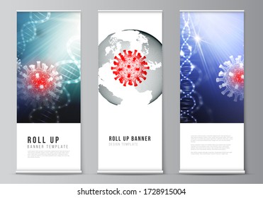 Vector layout of roll up mockup design templates for vertical flyers, flags design templates, banner stands. 3d medical background of corona virus. Covid 19, coronavirus infection. Virus concept