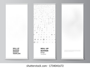 Vector layout of roll up mockup design templates for vertical flyers, flags design templates, banner stands, advertising design. Halftone effect decoration with dots. Dotted pattern for grunge style