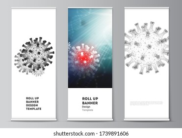 Vector layout of roll up mockup design templates for vertical flyers, flags design templates, banner stands. 3d medical background of corona virus. Covid 19, coronavirus infection. Virus concept.