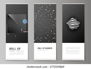Vector layout of roll up mockup design templates for vertical flyers, flags design templates, banner stands, advertising design mockups. Tech science future background, space design astronomy concept.