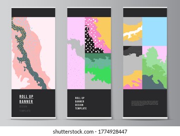 Vector layout of roll up mockup design templates for vertical flyers, flags design templates, banner stands, advertising. Japanese pattern template. Landscape background decoration in Asian style