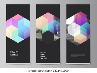 Vector layout of roll up mockup design templates with colorful hexagons, geometric shapes, tech background for vertical flyers, flags design templates, banner stands, advertising design mockups.