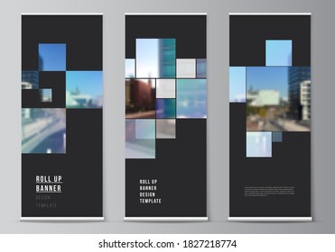 Vector layout of roll up mockup design templates for vertical flyers, flags design templates, banner stands, advertising mockups. Abstract design project in geometric style with blue squares.