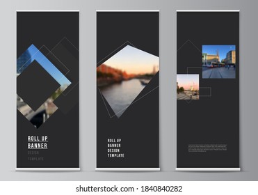 Vector layout of roll up mockup design templates with geometric simple shapes, lines and photo place for vertical flyers, flags design templates, banner stands, advertising design mockups.
