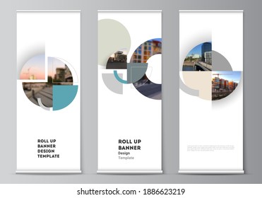 Vector layout of roll up mockup design templates for vertical flyers, flags design templates, banner stands. Background with abstract circle round banners. Corporate business concept template.