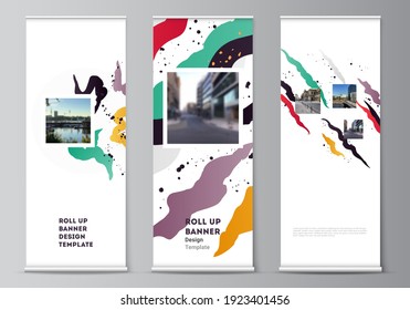 Vector layout of roll up mockup design templates for vertical flyers, flags design templates, banner stands, advertising design mockups, agency, corporate, business, portfolio, pitch deck, startup.