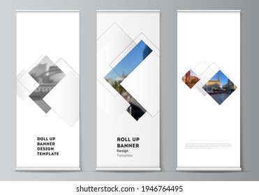 Vector layout of roll up mockup design templates with geometric simple shapes, lines and photo place for vertical flyers, flags design templates, banner stands, advertising design mockups.