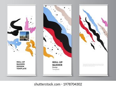 Vector layout of roll up mockup design templates for vertical flyers, flags design templates, banner stands, advertising design mockups, agency, corporate, business, portfolio, pitch deck, startup.