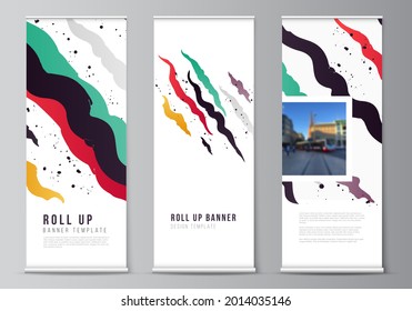 Vector layout of roll up mockup design templates for vertical flyers, flags design templates, banner stands, advertising design mockups, agency, corporate, business, portfolio, pitch deck, startup.