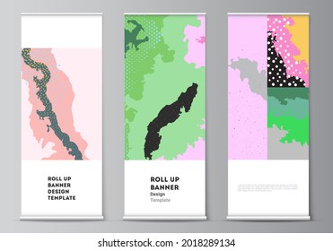 Vector layout of roll up mockup design templates for vertical flyers, flags design templates, banner stands, advertising. Japanese pattern template. Landscape background decoration in Asian style