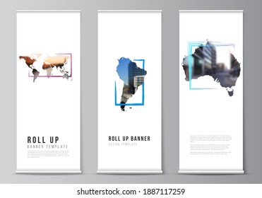 Vector layout of roll up mockup template for vertical flyers, flags design templates, banner stands, advertising design. Design template in the form of world maps and colored frames, insert your photo