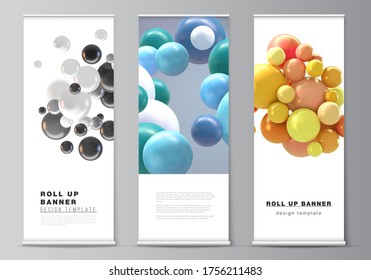 Vector layout of roll up mockup templates for vertical flyers, flags design templates, banner stands, advertising design mockups. Realistic vector background with multicolored 3d spheres, bubbles