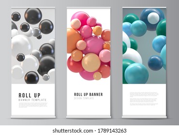 Vector layout of roll up mockup templates for vertical flyers, flags design templates, banner stands, advertising mockup. Abstract futuristic background with colorful 3d spheres, glossy bubbles, balls