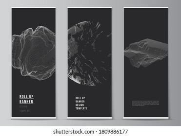 Vector layout of roll up mockup templates for vertical flyers, flags design templates, banner stands, advertising. Abstract 3d digital backgrounds for futuristic minimal technology concept design.