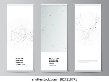 Vector layout of roll up mockup templates for vertical flyers, flags design templates, banner stands, advertising mockups. Gray technology background with connecting lines and dots. Network concept.