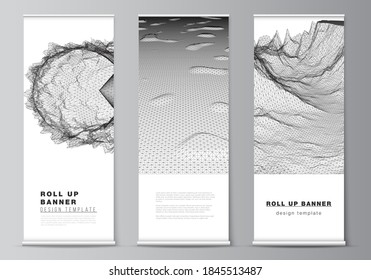 Vector layout of roll up mockup templates for vertical flyers, flags design templates, banner stands, advertising. Abstract 3d digital backgrounds for futuristic minimal technology concept design.