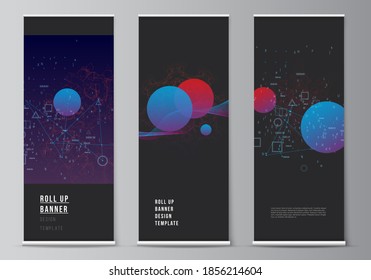 Vector layout of roll up mockup templates for vertical flyers, flags design templates, banner stands, advertising. Artificial intelligence, big data visualization. Quantum computer technology concept.