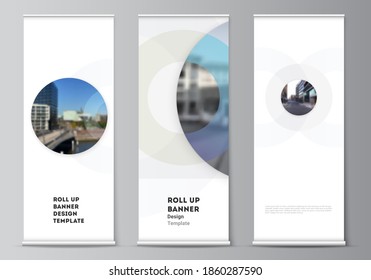 Vector layout of roll up mockup templates for vertical flyers, flags design templates, banner stands, advertising design mockups. Background template with rounds, circles for IT, technology.