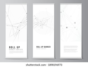 Vector layout of roll up mockup templates for vertical flyers, flags design templates, banner stands, advertising mockups. Gray technology background with connecting lines and dots. Network concept.