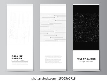 Vector layout of roll up mockup templates for vertical flyers, flags design templates, banner stands, advertising. Abstract technology black color science background. Digital data. High tech concept.