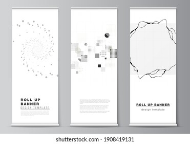 Vector Layout Of Roll Up Mockup Templates For Vertical Flyers, Flags Design Templates, Banner Stands, Advertising. Abstract Technology Black Color Science Background. Digital Data. High Tech Concept.