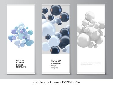 Vector layout of roll up mockup templates for vertical flyers, flags design templates, banner stands, advertising design mockups. Realistic vector background with multicolored 3d spheres, bubbles