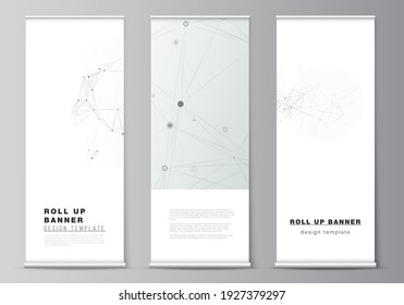 Vector layout of roll up mockup templates for vertical flyers, flags design templates, banner stands, advertising mockups. Gray technology background with connecting lines and dots. Network concept.