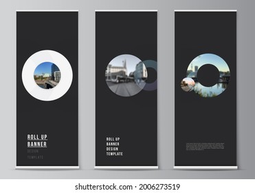 Vector layout of roll up mockup templates for vertical flyers, flags design templates, banner stands, advertising design mockups. Background template with rounds, circles for IT, technology.