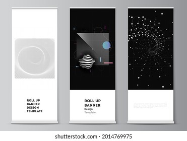 Vector layout of roll up mockup templates for vertical flyers, flags design templates, banner stands, advertising. Abstract technology black color science background. Digital data. High tech concept.