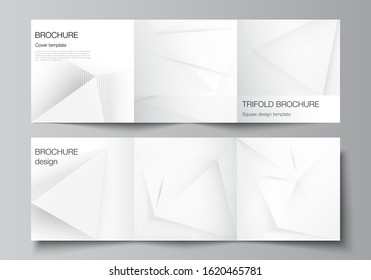 Vector layout of square covers design templates for trifold brochure, magazine, cover design, book design, brochure cover. Halftone dotted background with gray dots, abstract gradient background.