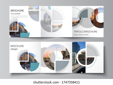 Disposición vectorial de las cubiertas cuadradas plantillas de diseño para folletos triples, volante, diseño de portada, libro, portada. Fondo con pancartas redondas de círculo abstractas. Plantilla de concepto de negocio corporativo.
