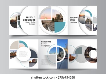 Vector layout of square covers design templates for trifold brochure, flyer, cover design, book, brochure cover. Background with abstract circle round banners. Corporate business concept template.